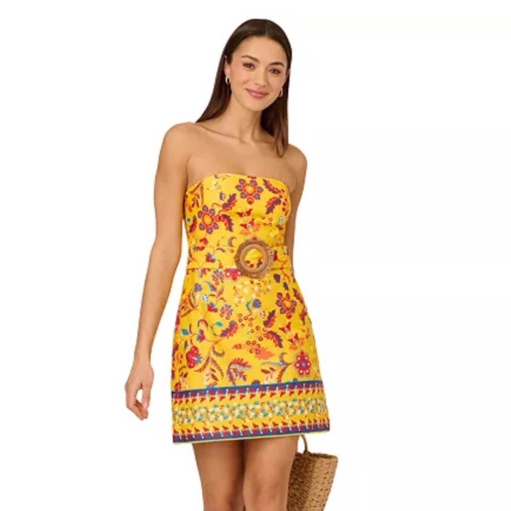 Adrianna Papell Mini Dress Women 10 NWT Yellow Floral Belted Strapless MSRP $139
